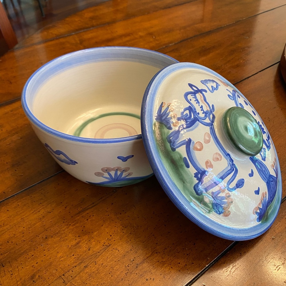 M. A. Hadley Hand-Painted and Signed Ceramic Bowl with Lid in Cream and Blue